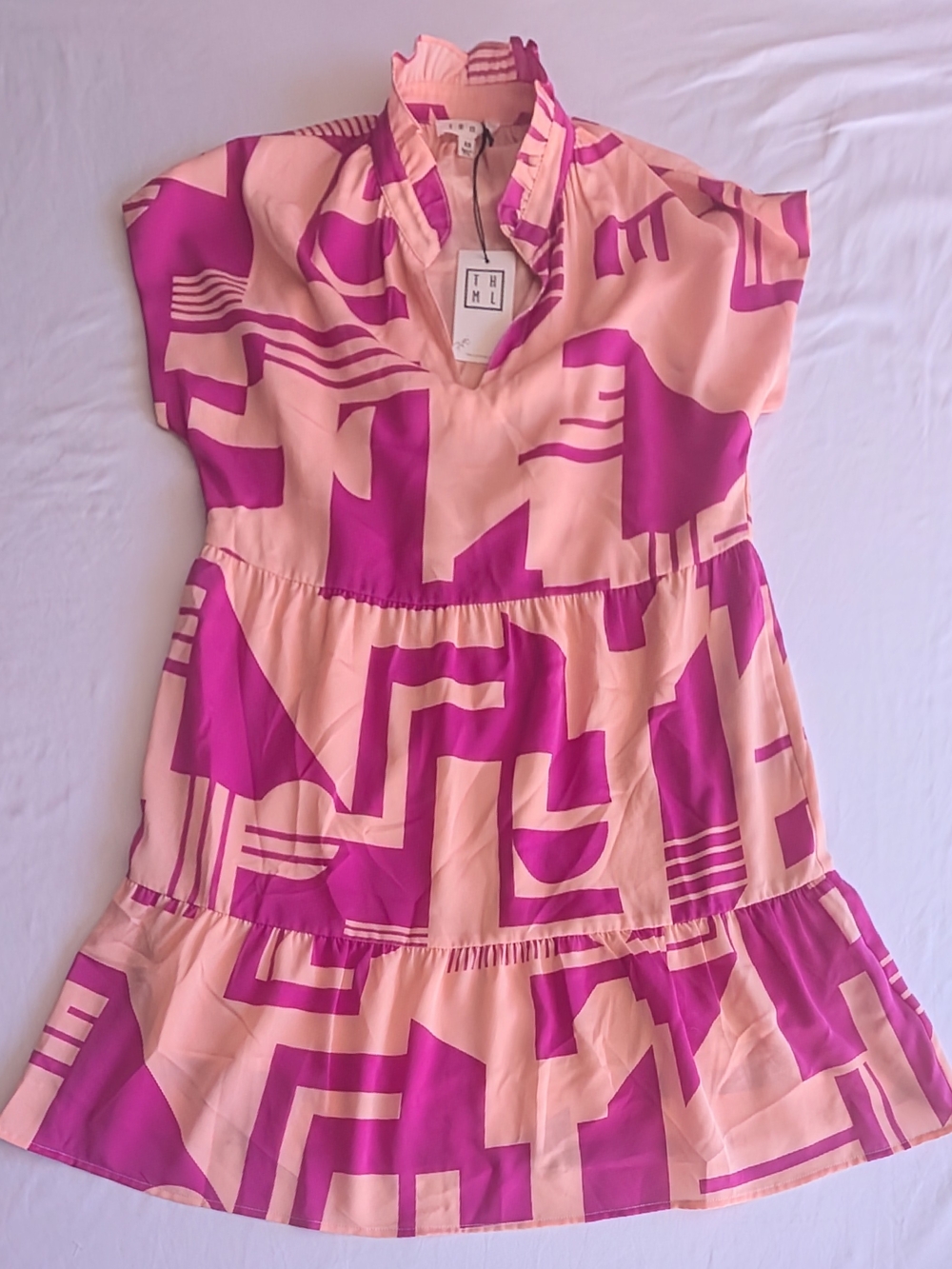 THML Magenta Frill V Neck Short Sleeve Geometric Print Dress